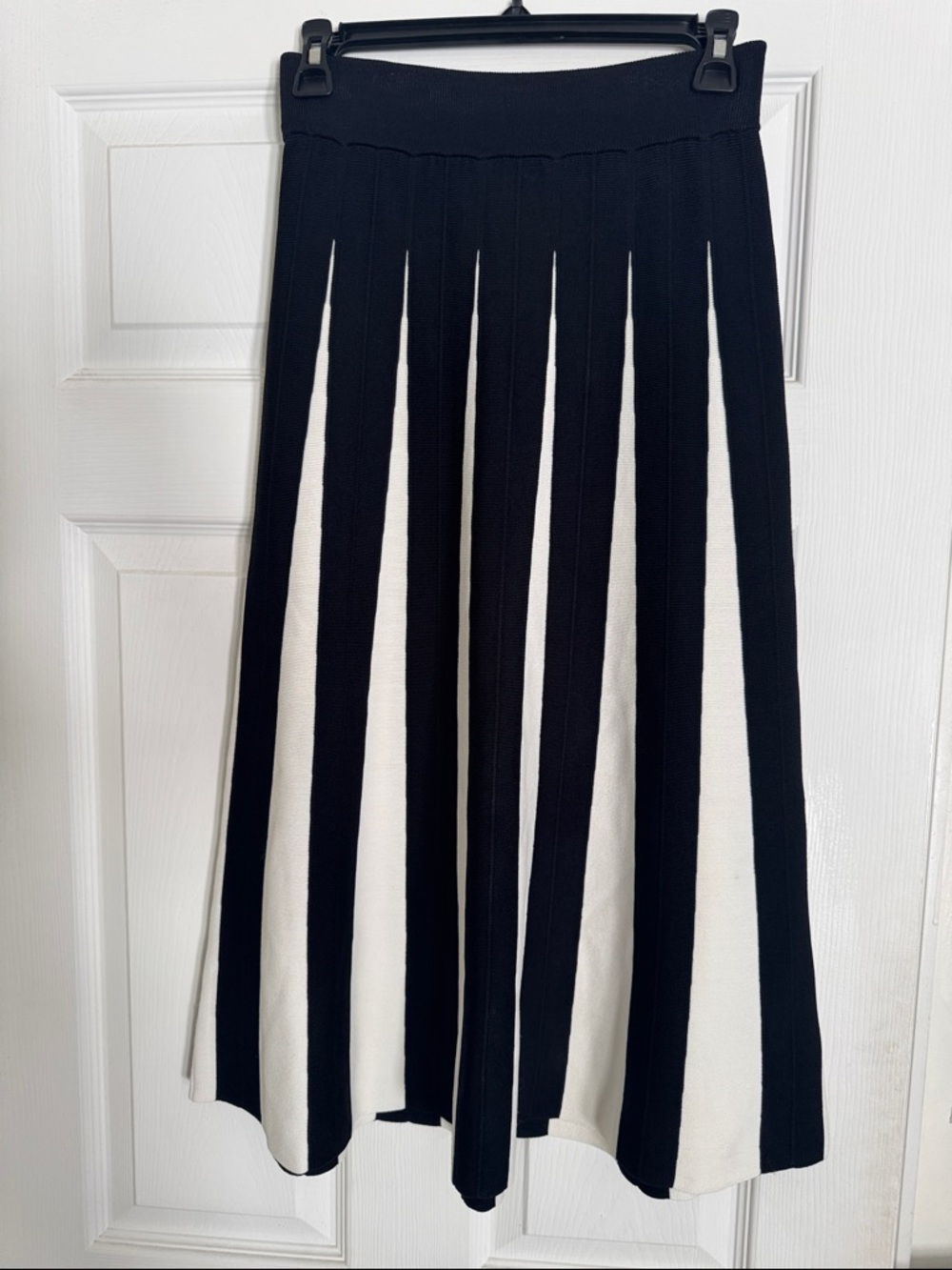 Maeve Black and White Vertical-Stripe A-Line Knit Skirt